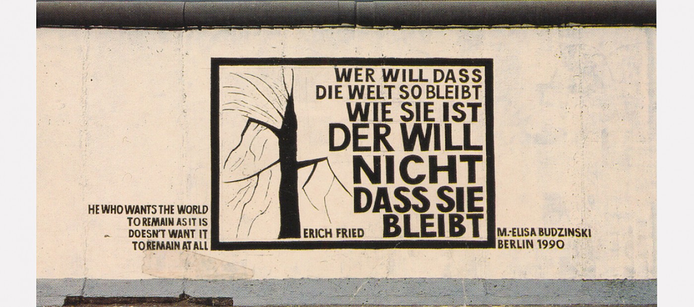 Monika-Elisa Budzinski, Wer will, dass die Welt…, 1990 © Stiftung Berliner Mauer, Postkarte