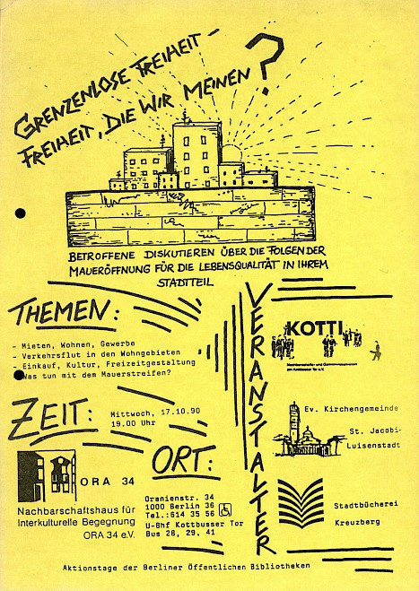 Einladung zu einer Diskussion in Kreuzberg. Thema sind die Folgen durch die Mauer-Öffnung.